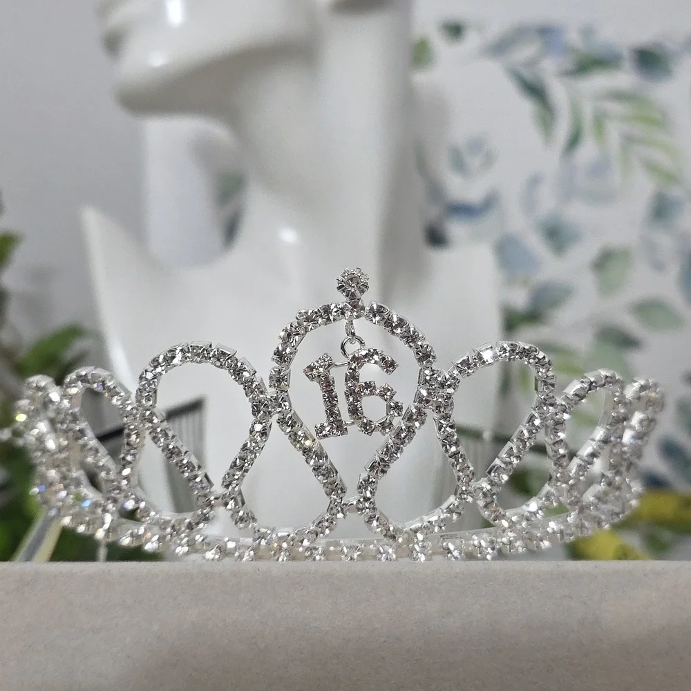 Silver Clear Rhinestone Sweet 16 Tiara with Side Combs